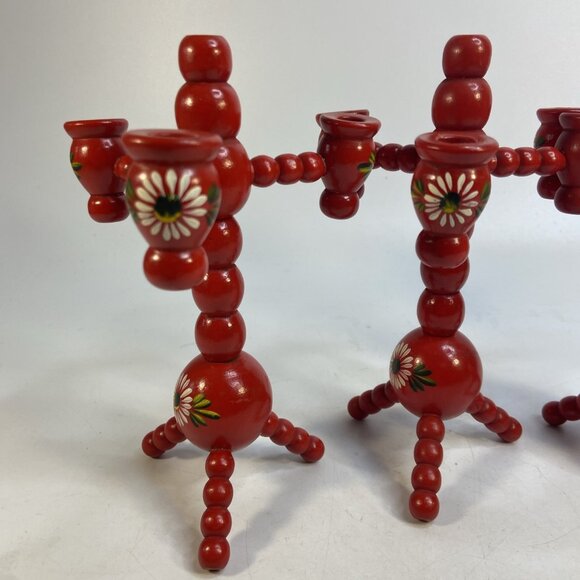 Swedish Traditional Bobbin Candle Holders 3 Arm Hand Painted Wood Red Set of 3 - Picture 5 of 10